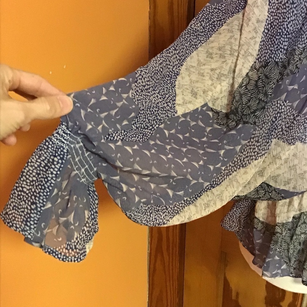 BB Dakota Patchwork Peplum Blouse Medium Boho Cottagecore Sheer Sleeve Ruffle - Picture 6 of 15